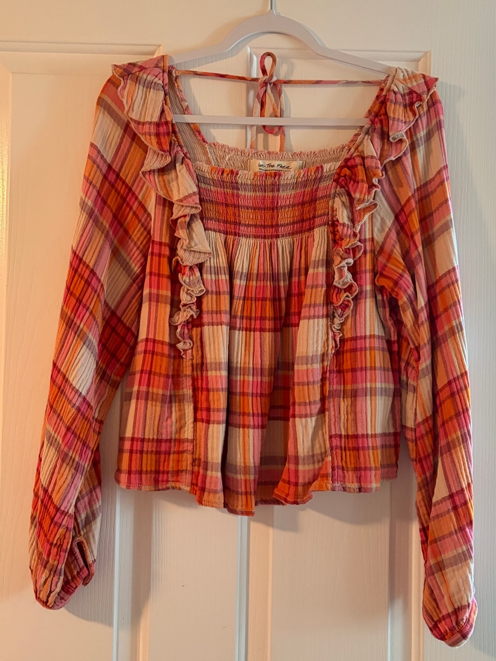 We The Free Pink and Orange Plaid Ruffle Peasant Top NWOT